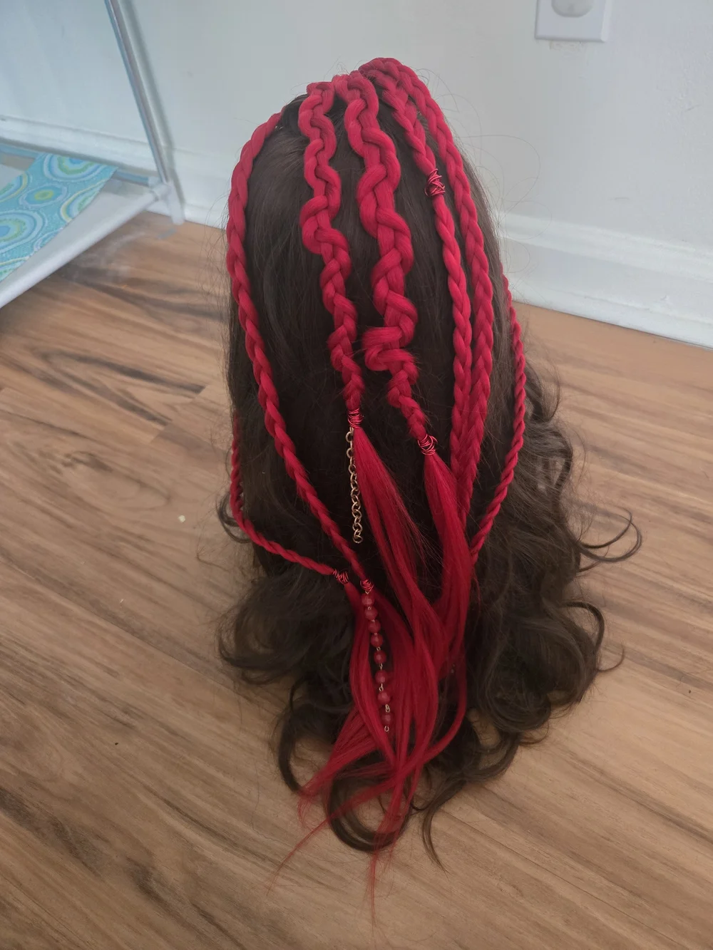 4/$15 Boho Festival Red With Fiber & Wire Bead Braided Synthetic Hair Extensions